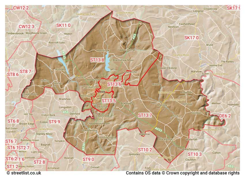 map showing postcode sectors within the ST13 district