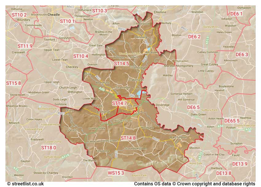 map showing postcode sectors within the ST14 district