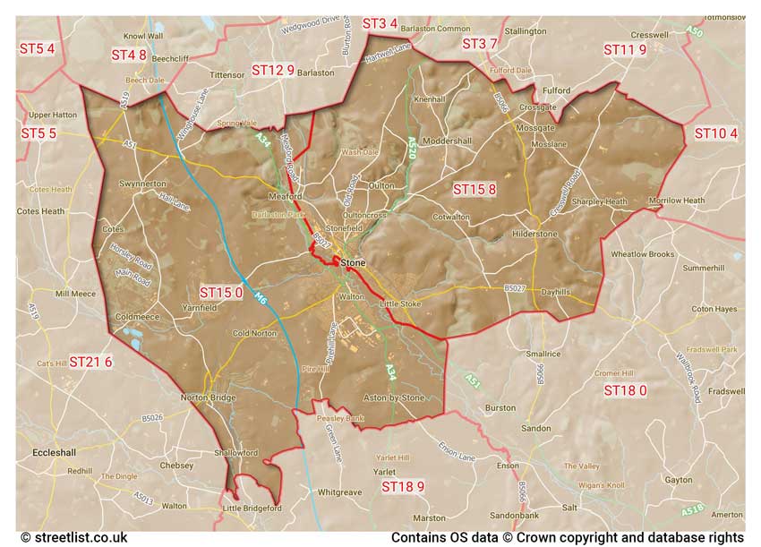 map showing postcode sectors within the ST15 district