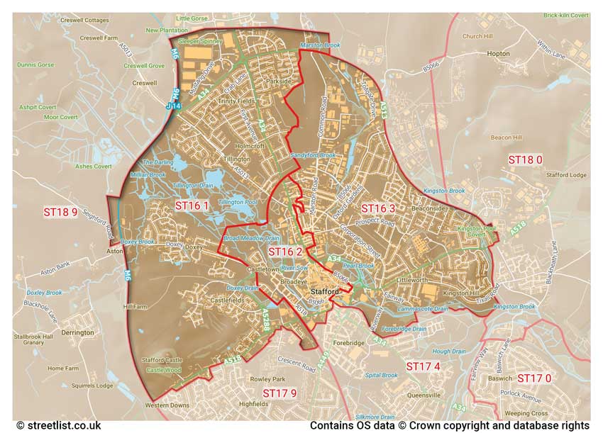 map showing postcode sectors within the ST16 district