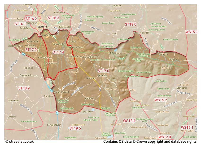 map showing postcode sectors within the ST17 district