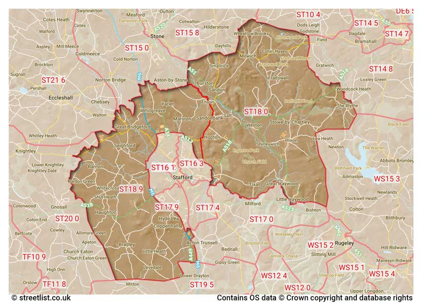 map showing postcode sectors within the ST18 district