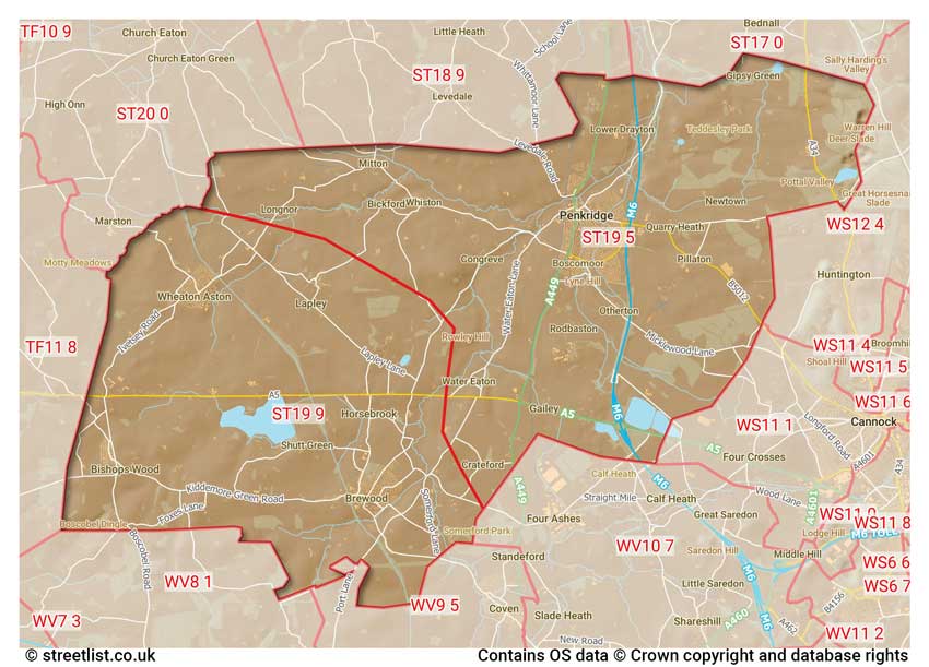 map showing postcode sectors within the ST19 district