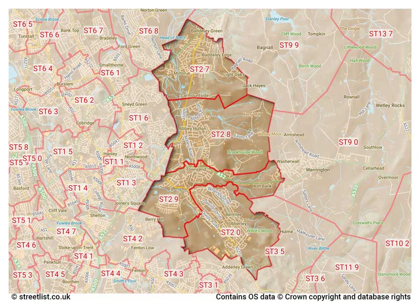 map showing postcode sectors within the ST2 district