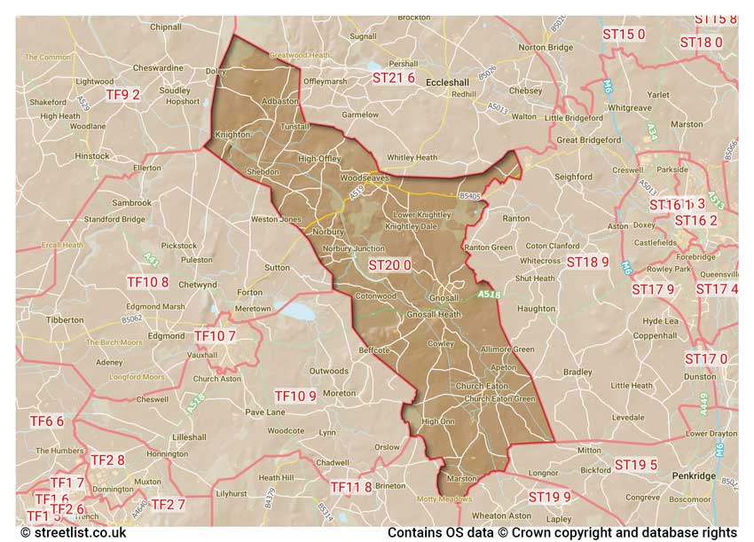 map showing postcode sectors within the ST20 district