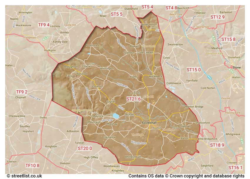 map showing postcode sectors within the ST21 district