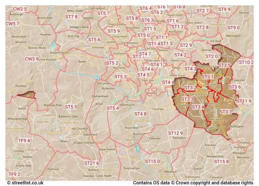 map showing postcode sectors within the ST3 district