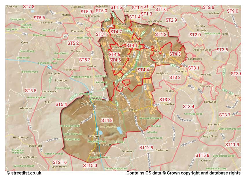 map showing postcode sectors within the ST4 district