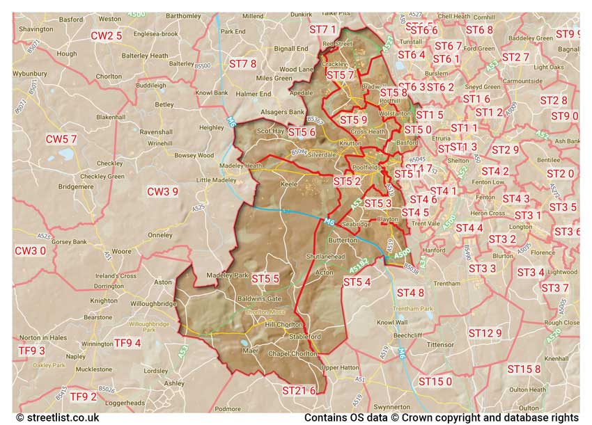 map showing postcode sectors within the ST5 district