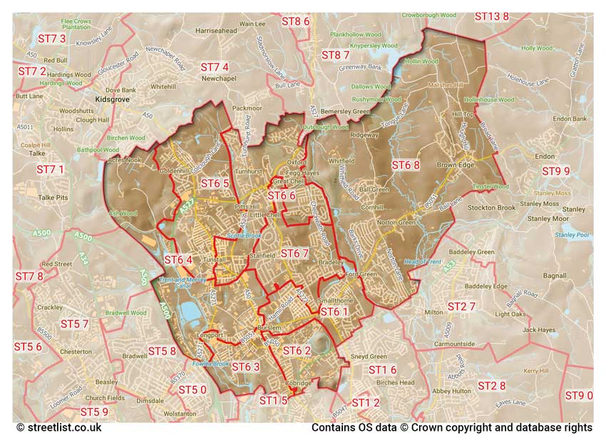 map showing postcode sectors within the ST6 district