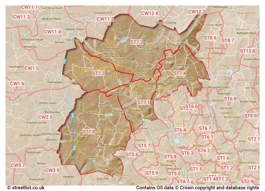 map showing postcode sectors within the ST7 district