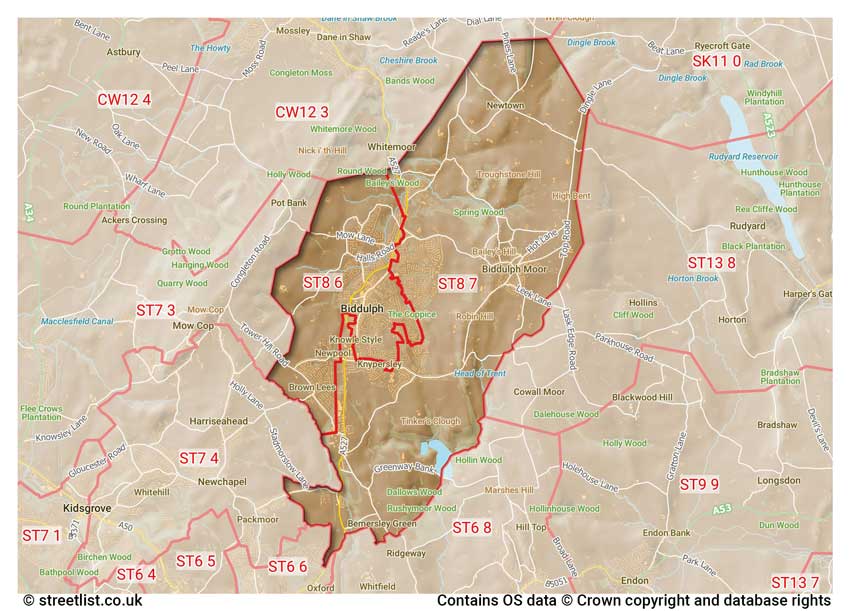 map showing postcode sectors within the ST8 district