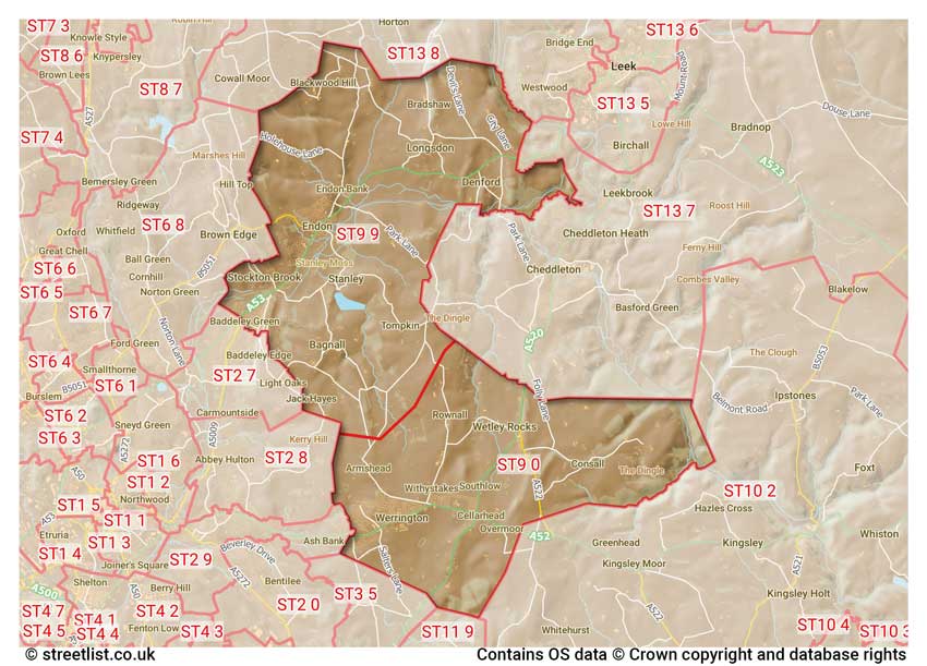 map showing postcode sectors within the ST9 district