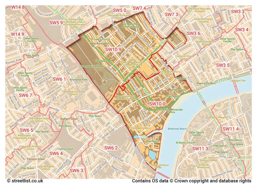 map showing postcode sectors within the SW10 district