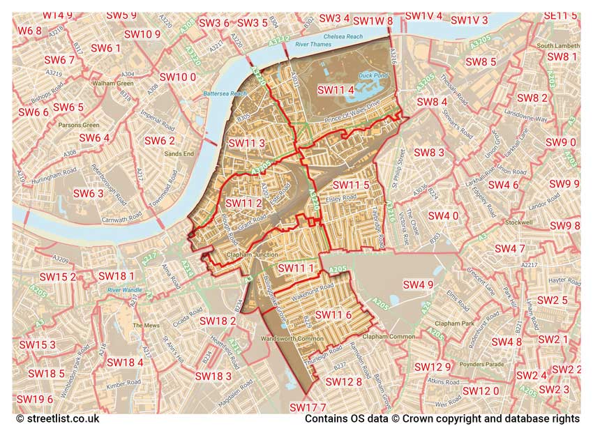 map showing postcode sectors within the SW11 district