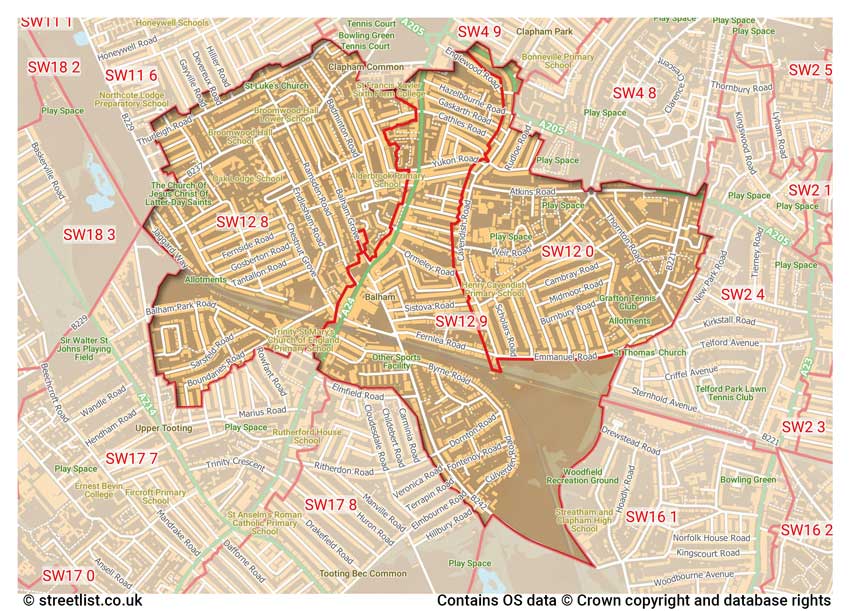 map showing postcode sectors within the SW12 district