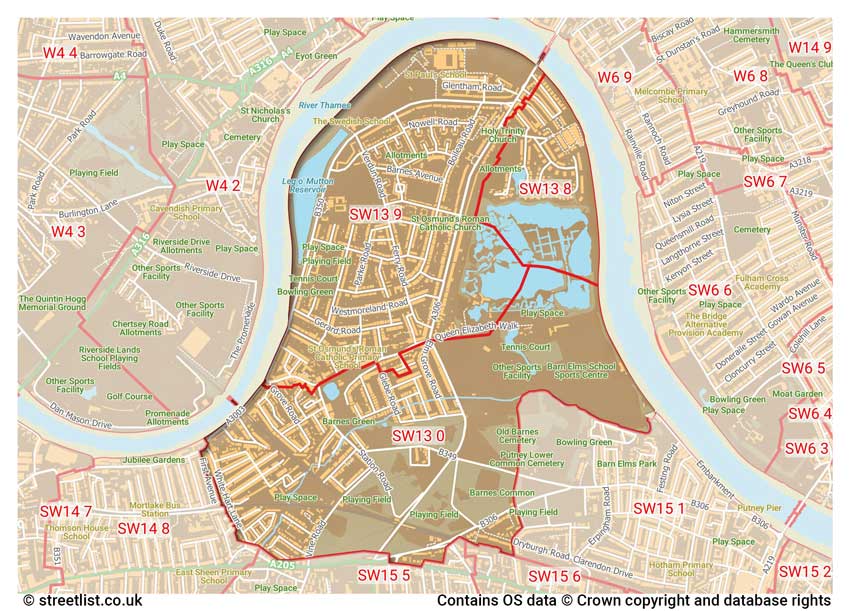 map showing postcode sectors within the SW13 district