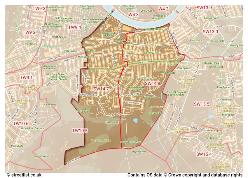 map showing postcode sectors within the SW14 district