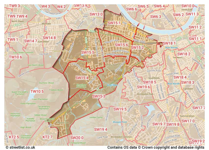 map showing postcode sectors within the SW15 district