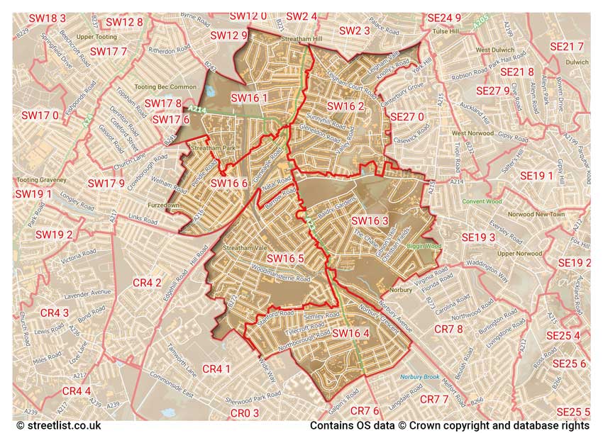 map showing postcode sectors within the SW16 district