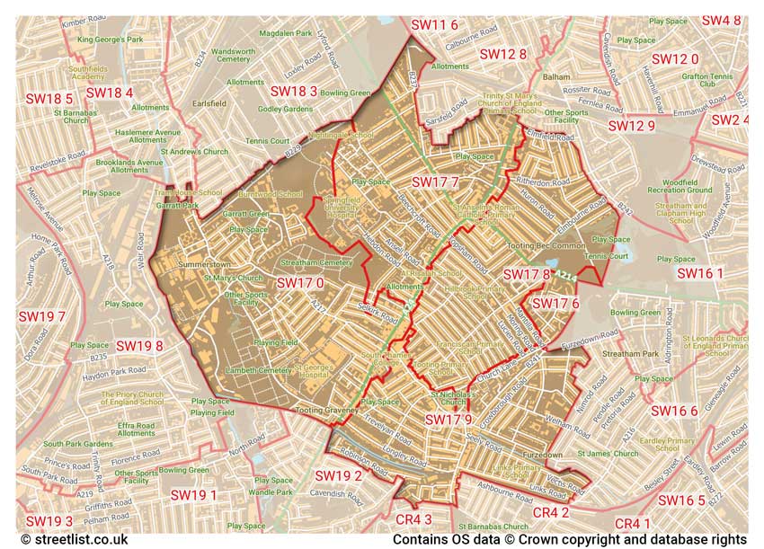 map showing postcode sectors within the SW17 district