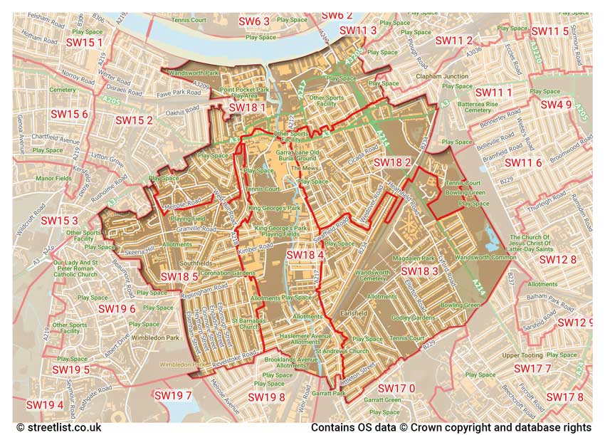 map showing postcode sectors within the SW18 district