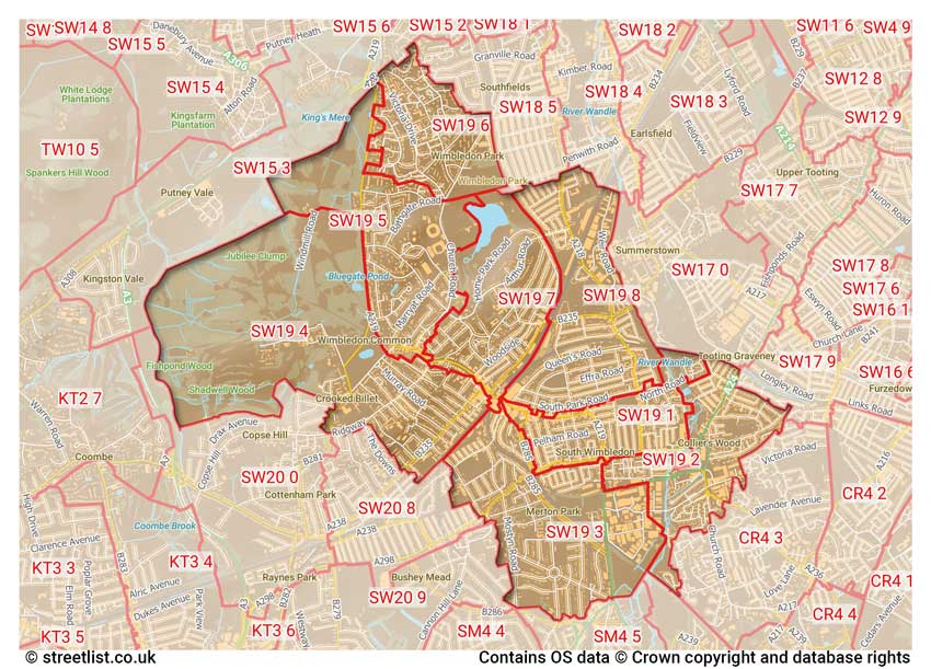 map showing postcode sectors within the SW19 district