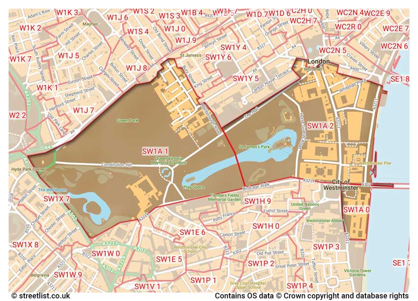 map showing postcode sectors within the SW1A district