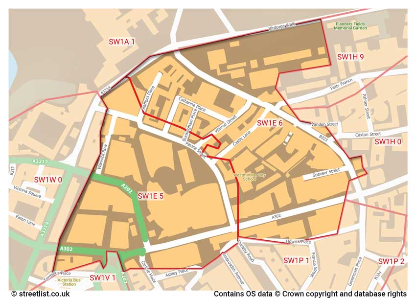 map showing postcode sectors within the SW1E district