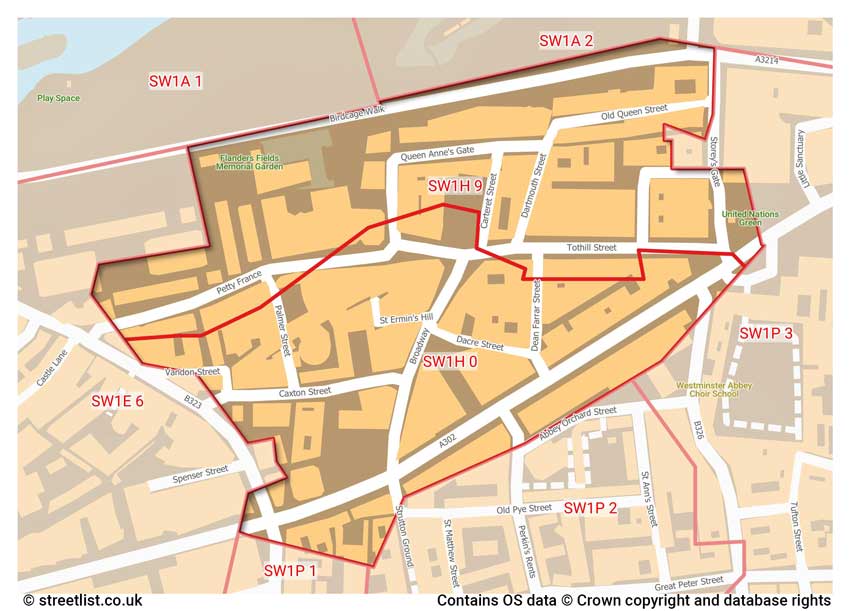 map showing postcode sectors within the SW1H district