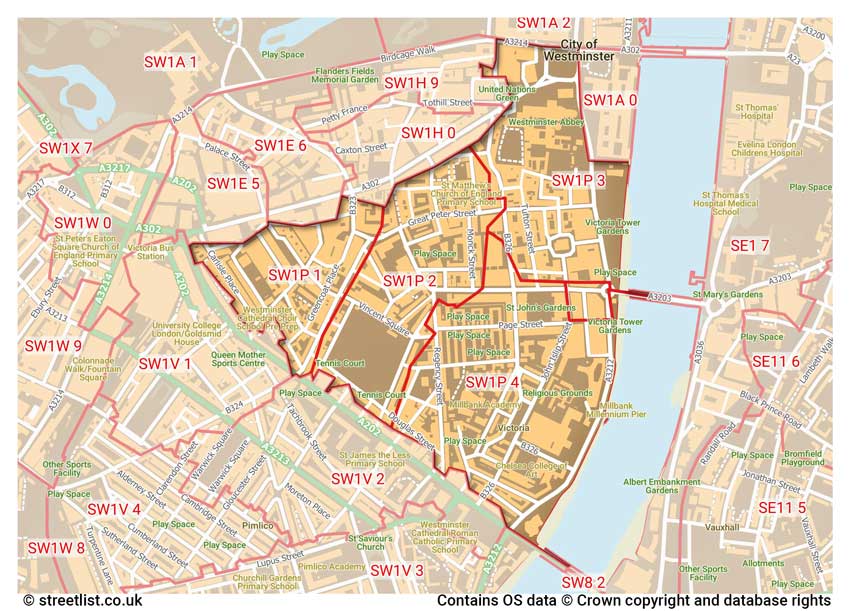 map showing postcode sectors within the SW1P district