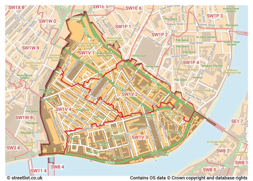 map showing postcode sectors within the SW1V district