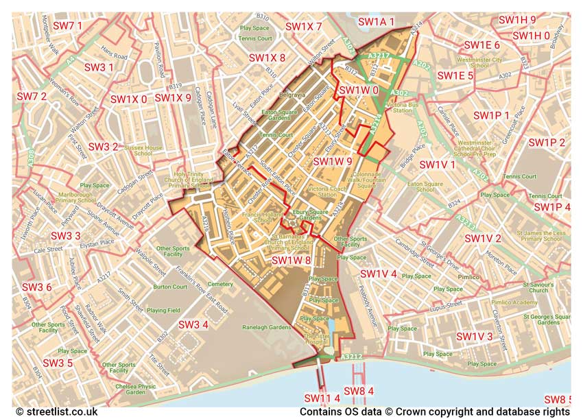 map showing postcode sectors within the SW1W district