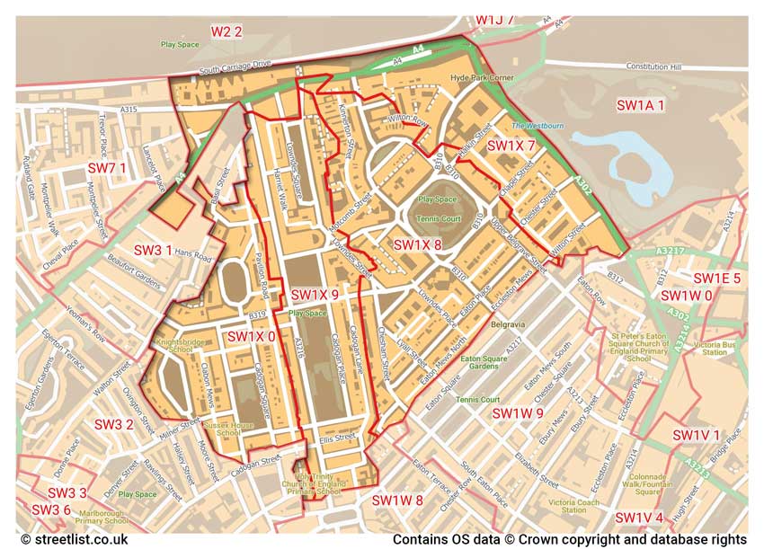 map showing postcode sectors within the SW1X district