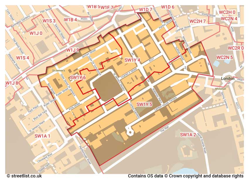 map showing postcode sectors within the SW1Y district