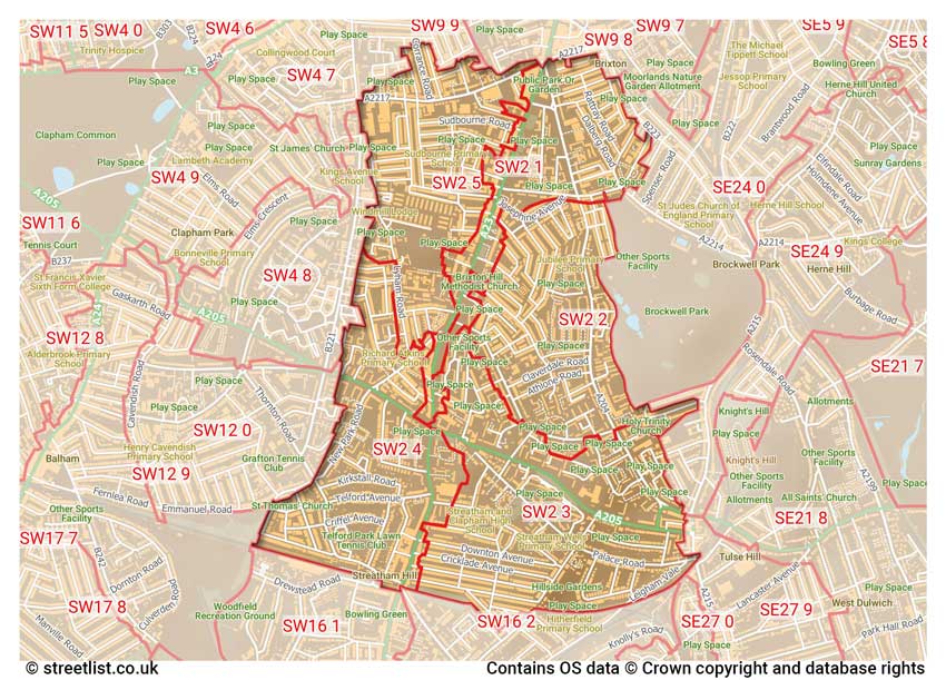 map showing postcode sectors within the SW2 district