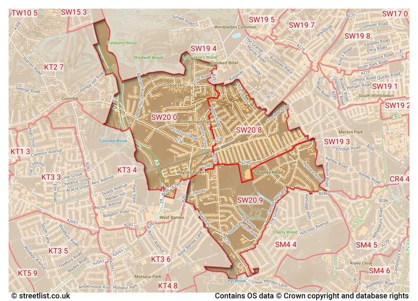 map showing postcode sectors within the SW20 district