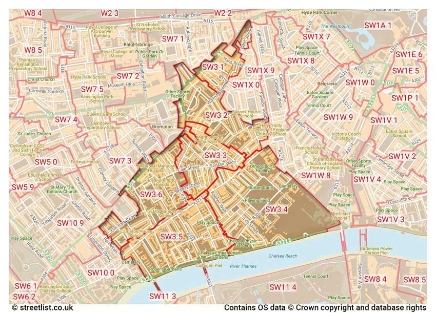 map showing postcode sectors within the SW3 district