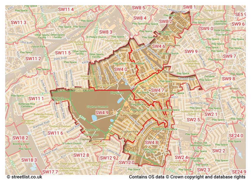 map showing postcode sectors within the SW4 district