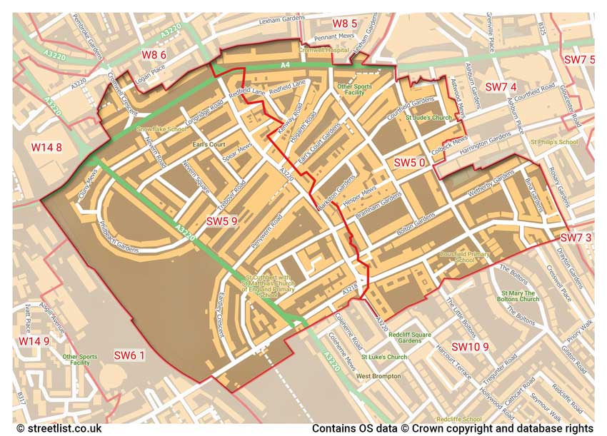 map showing postcode sectors within the SW5 district