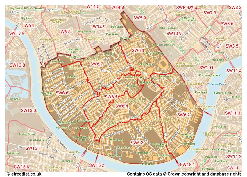 map showing postcode sectors within the SW6 district