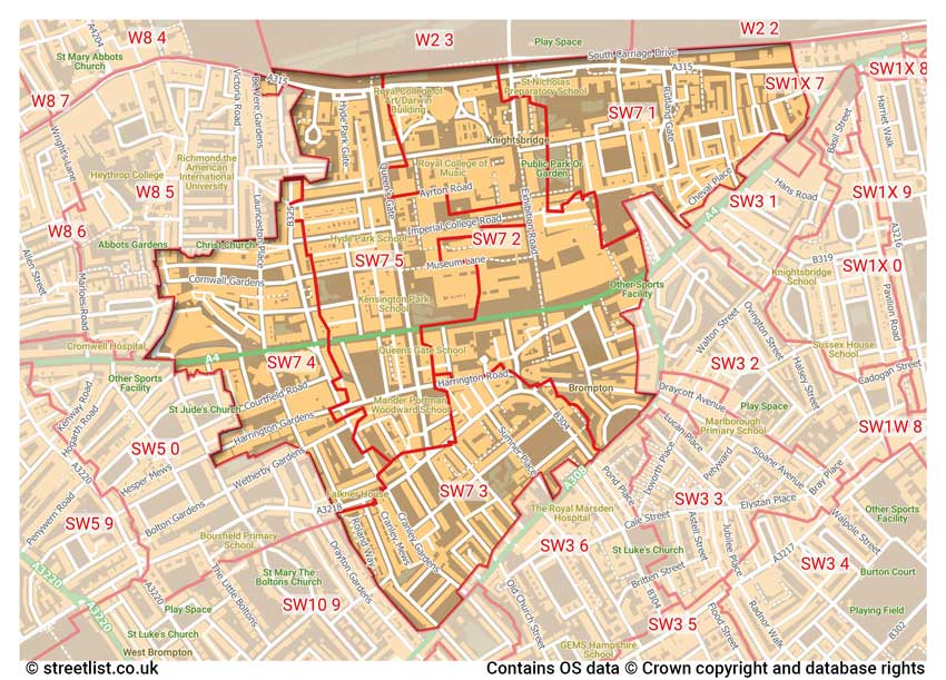 map showing postcode sectors within the SW7 district