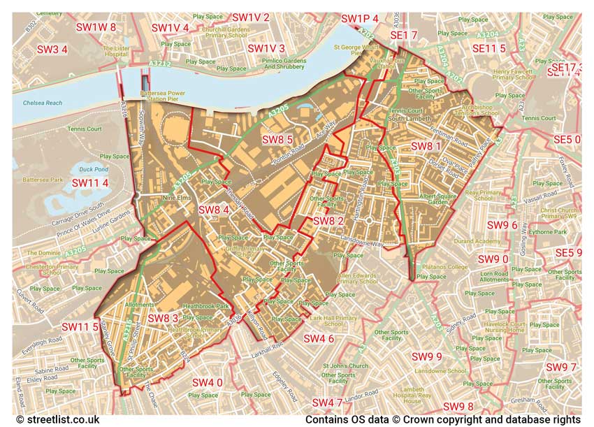 map showing postcode sectors within the SW8 district