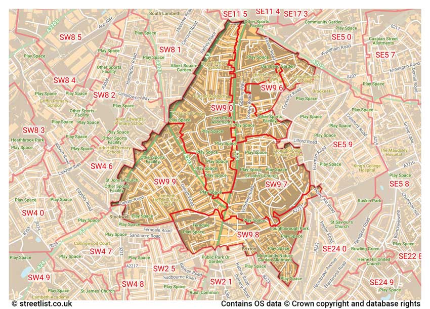 map showing postcode sectors within the SW9 district