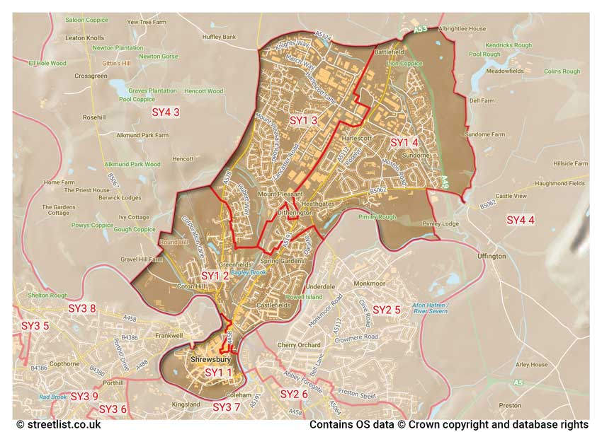 map showing postcode sectors within the SY1 district