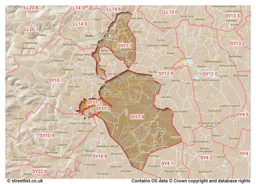 map showing postcode sectors within the SY11 district