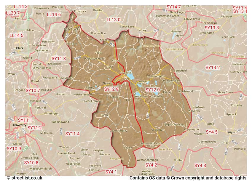 map showing postcode sectors within the SY12 district