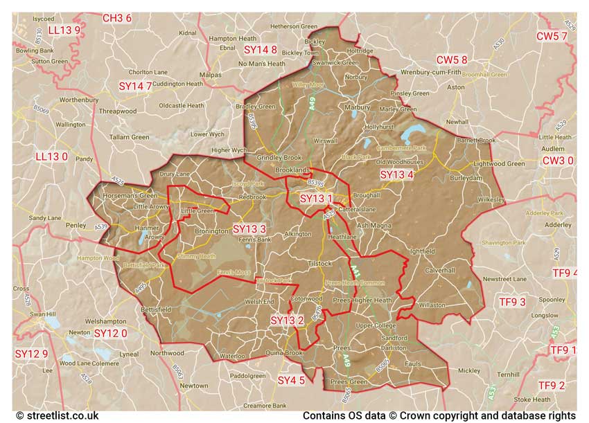 map showing postcode sectors within the SY13 district