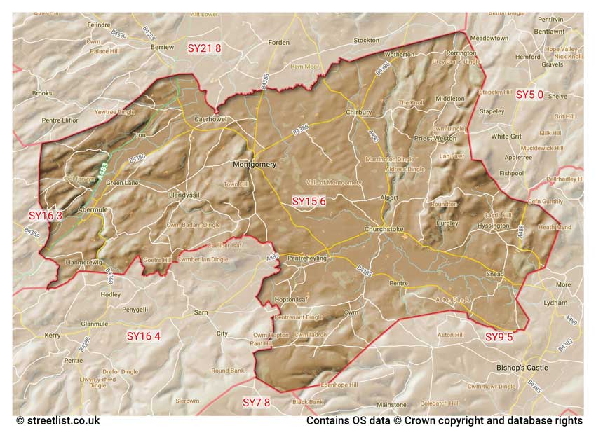 map showing postcode sectors within the SY15 district