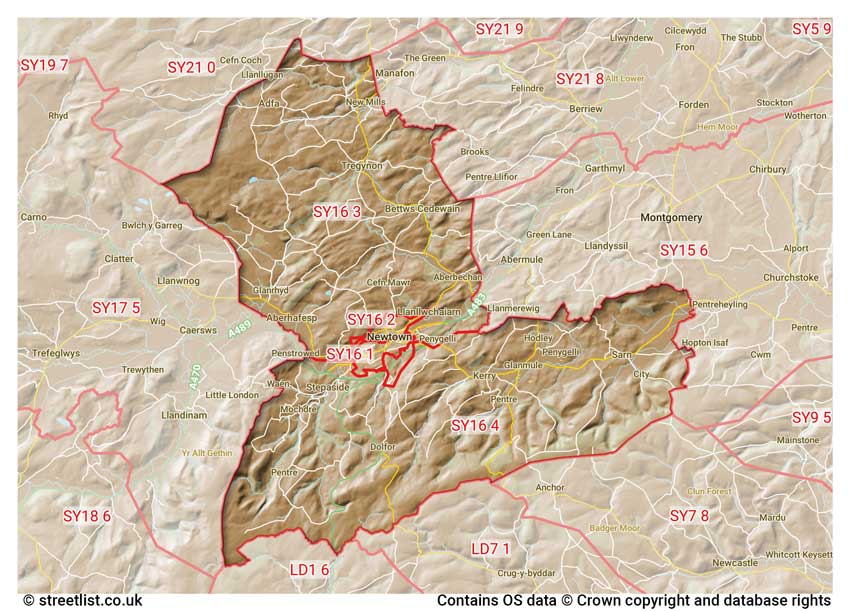 map showing postcode sectors within the SY16 district